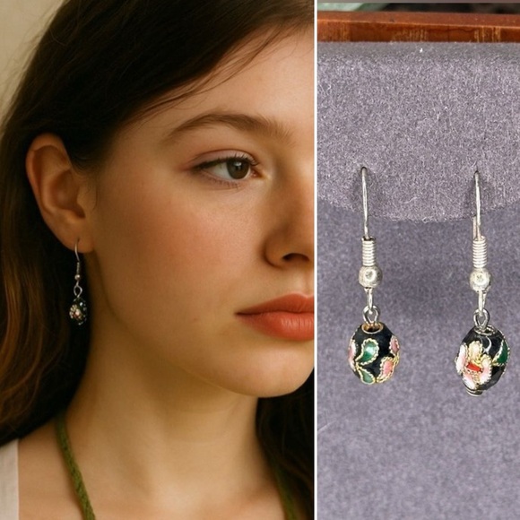 Handmade Jewelry - Vintage Cloisonné Enamel Bead Earrings Black Floral Drop Dangles Hand-Painted